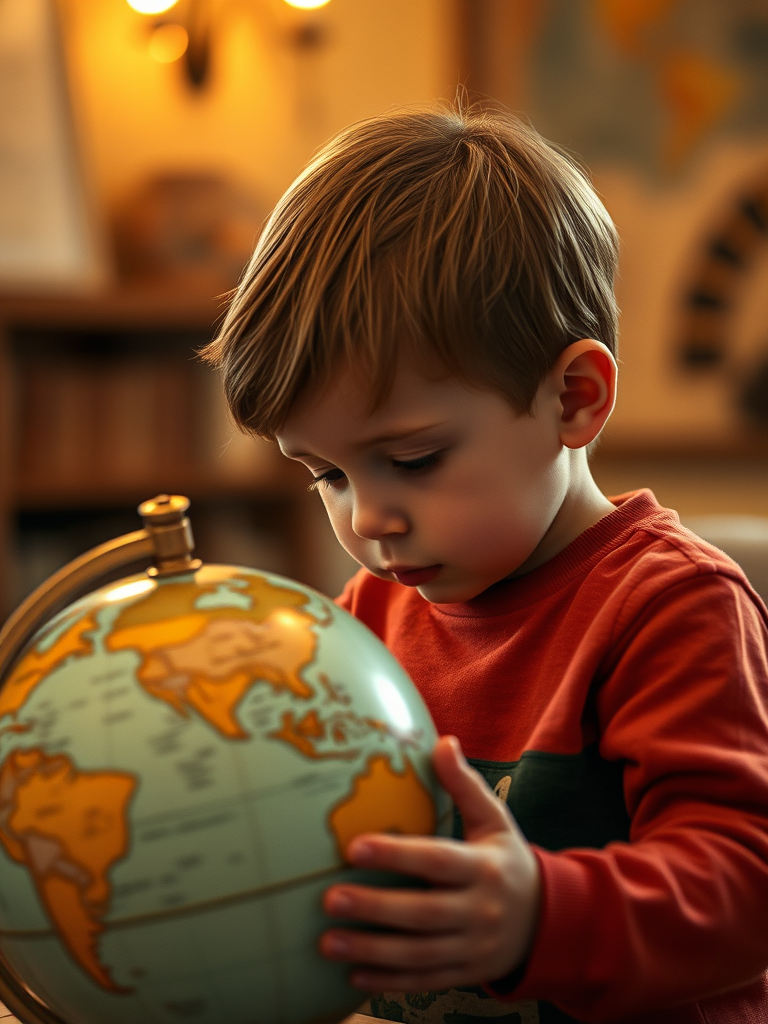 an older child studying a globe on their own